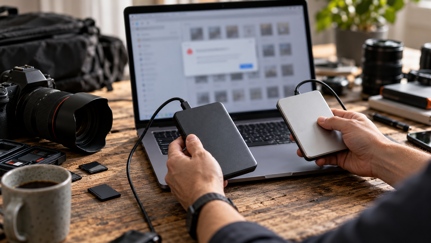 Hands troubleshooting an inaccessible release archive on a photography workstation