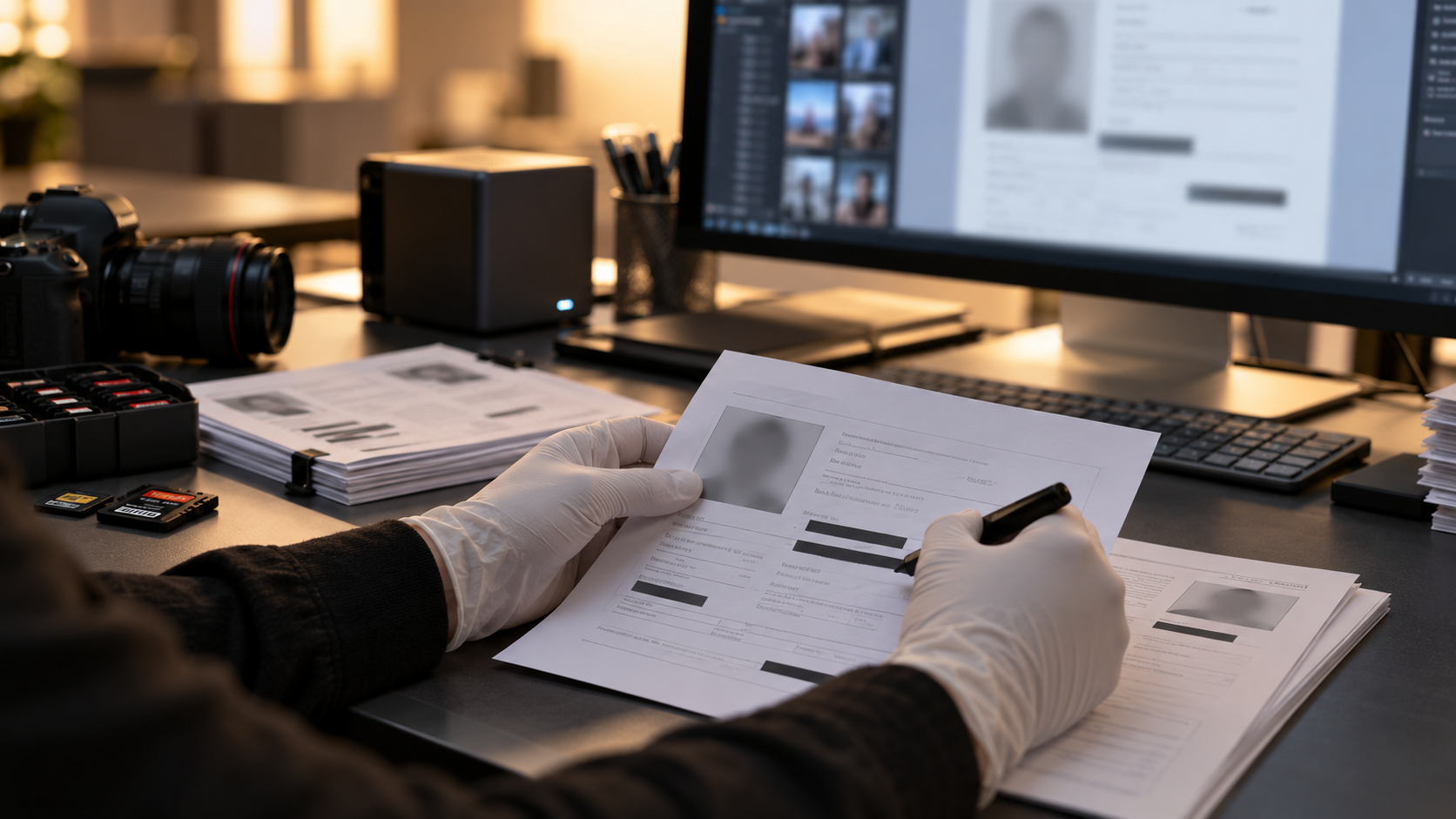 Hands sorting signed releases and identity attachments into defined record groups