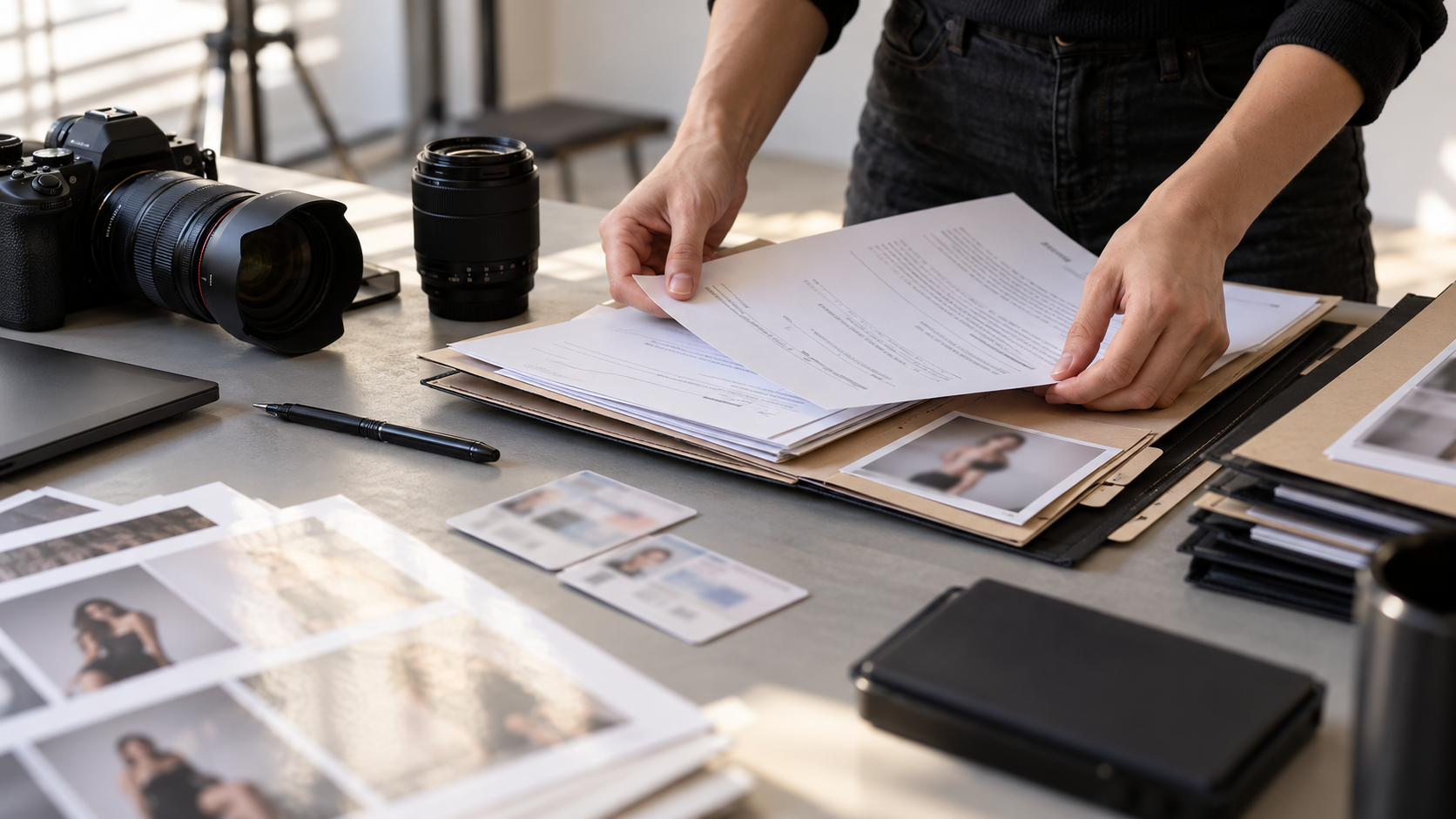 Photographer organizing model-release records beside camera equipment